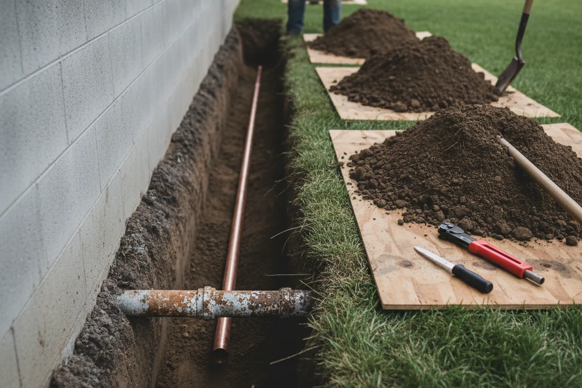 Excavated water line trench during Water Softener Installation in Dunnigan